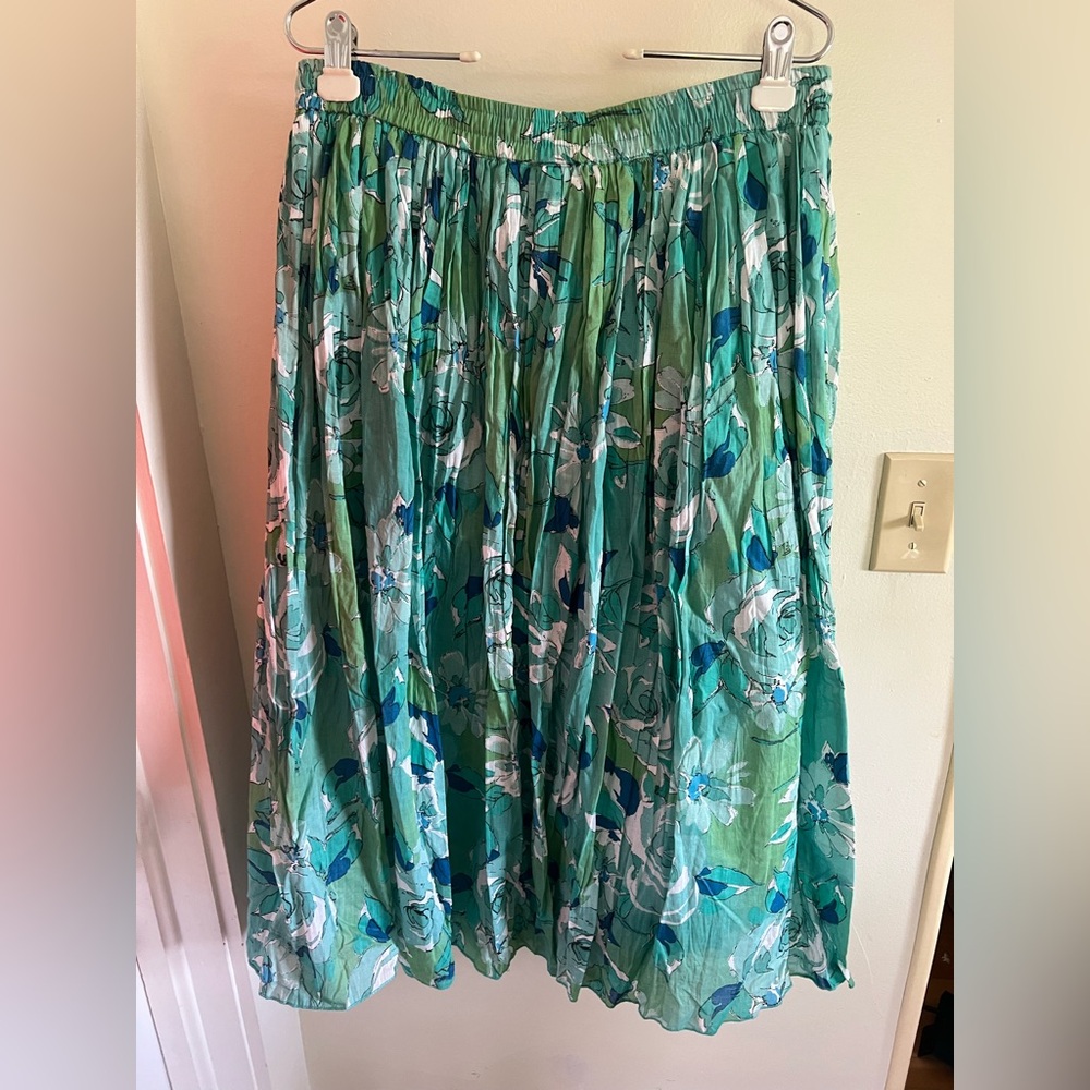 100% Cotton Vintage Blue and Green Floral Maxi Skirt with Elastic Band Large - Picture 6 of 8
